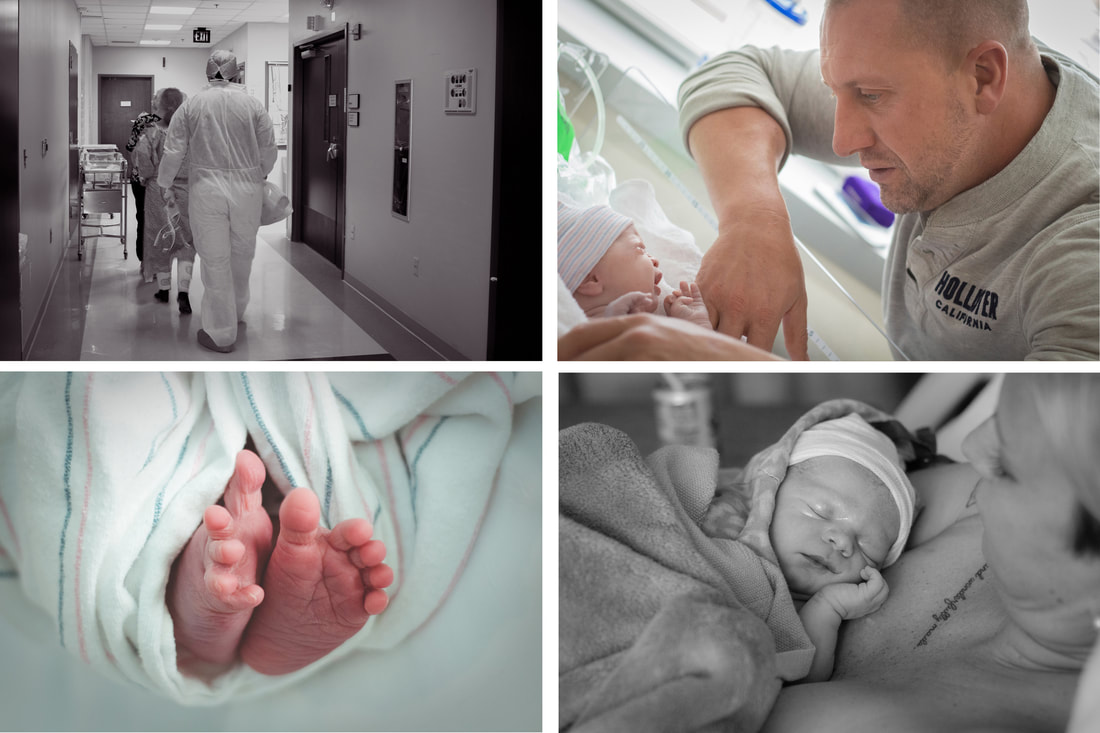 Grid showing 4 birth photography images - top left shows two people walking down a hospital hallway towards a planned csection; top right shows a dad leaning over the bassinet admiring his new baby; bottom left shows a pair of newborn baby feet wrapped in a hospital blanket; bottom right is a mother having skin to skin with her just born baby