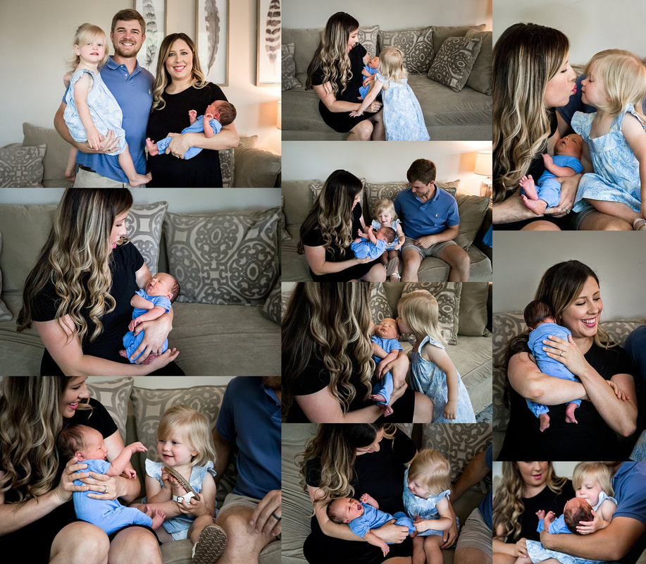 Collage of photos of a family with a big sister meeting her newborn baby brother for the first time | Brianne Sanders Photography | Charleston Birth and Baby Photographer