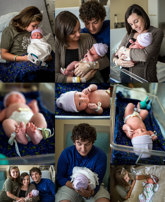Collage of Fresh 48 photos of a baby girl in the hospital with her family - hospital newborn photos Charleston, SC birth and baby photographer