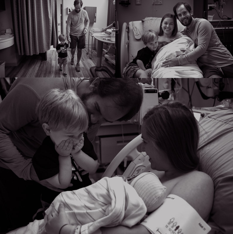 black and white photos of a new big brother meeting his new sister - Charleston, SC  birth photography