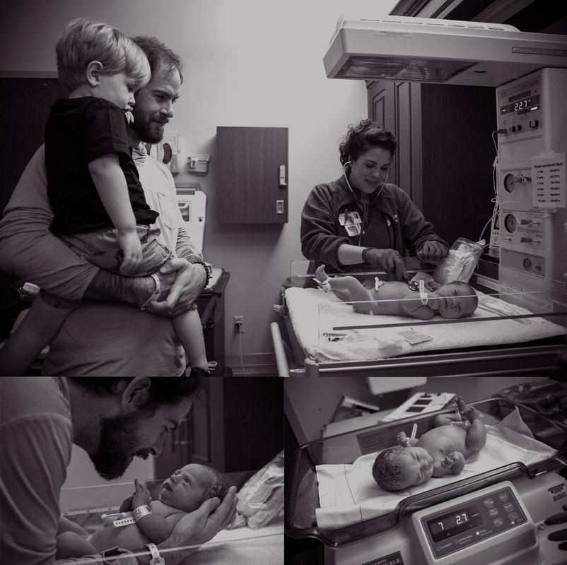 photos in black and white of a newborn baby being measured while dad looks on - charleston, sc birth photography